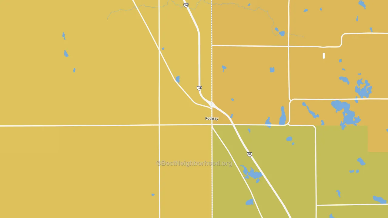 Map of the best neighborhoods in the 56579 area, with better matches in green and worse matches in red