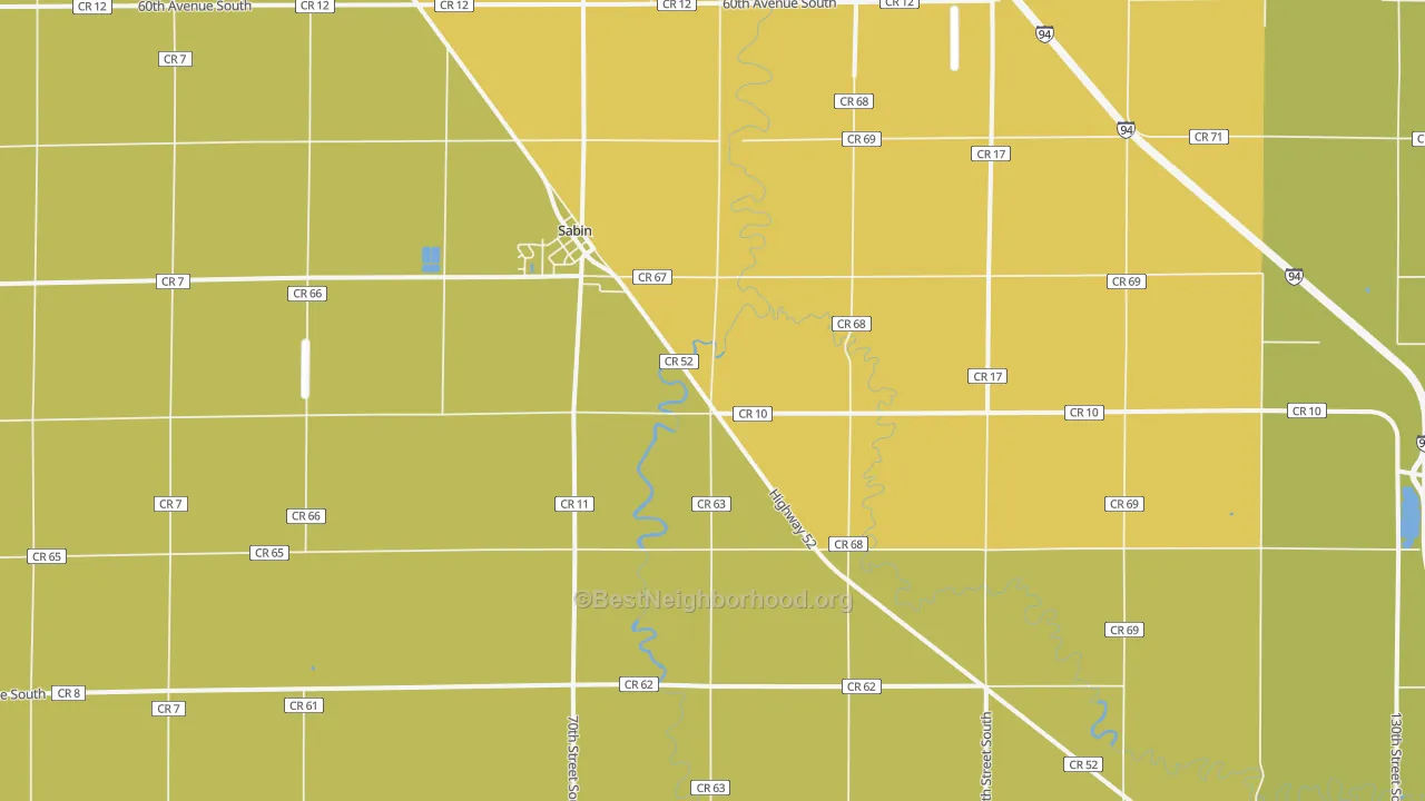 Map of the best neighborhoods in the 56580 area, with better matches in green and worse matches in red
