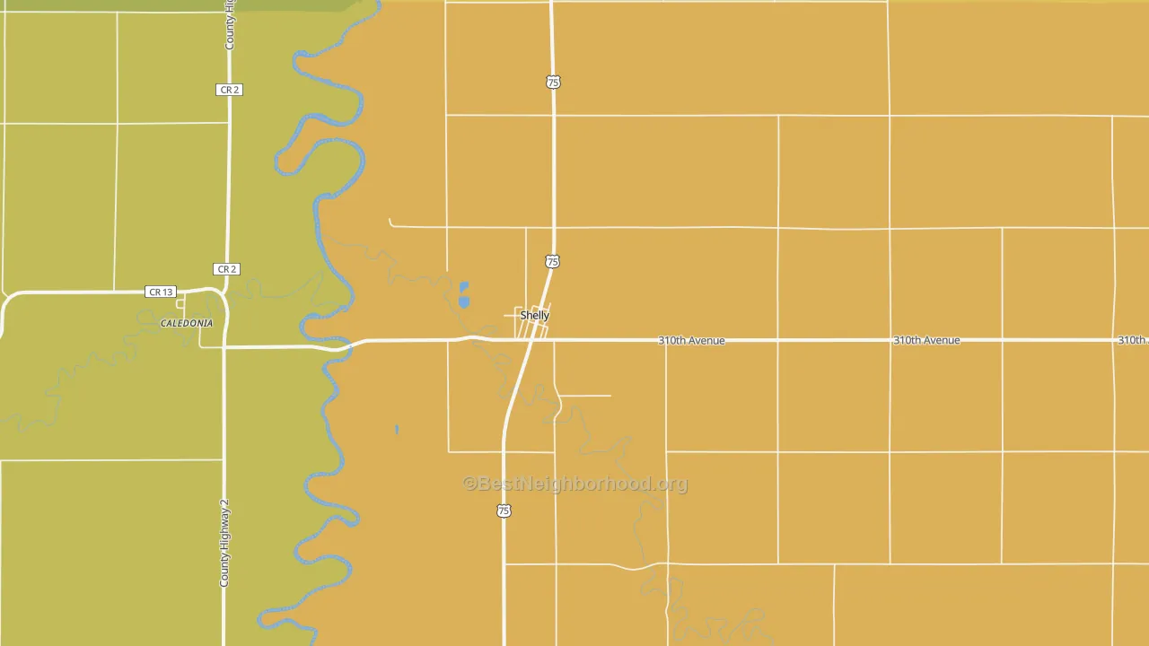 Map of the best neighborhoods in the 56581 area, with better matches in green and worse matches in red