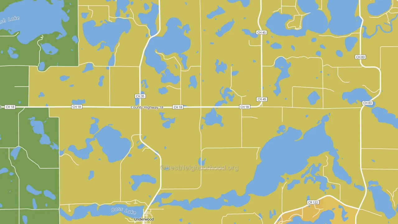 Map of the best neighborhoods in the 56586 area, with better matches in green and worse matches in red