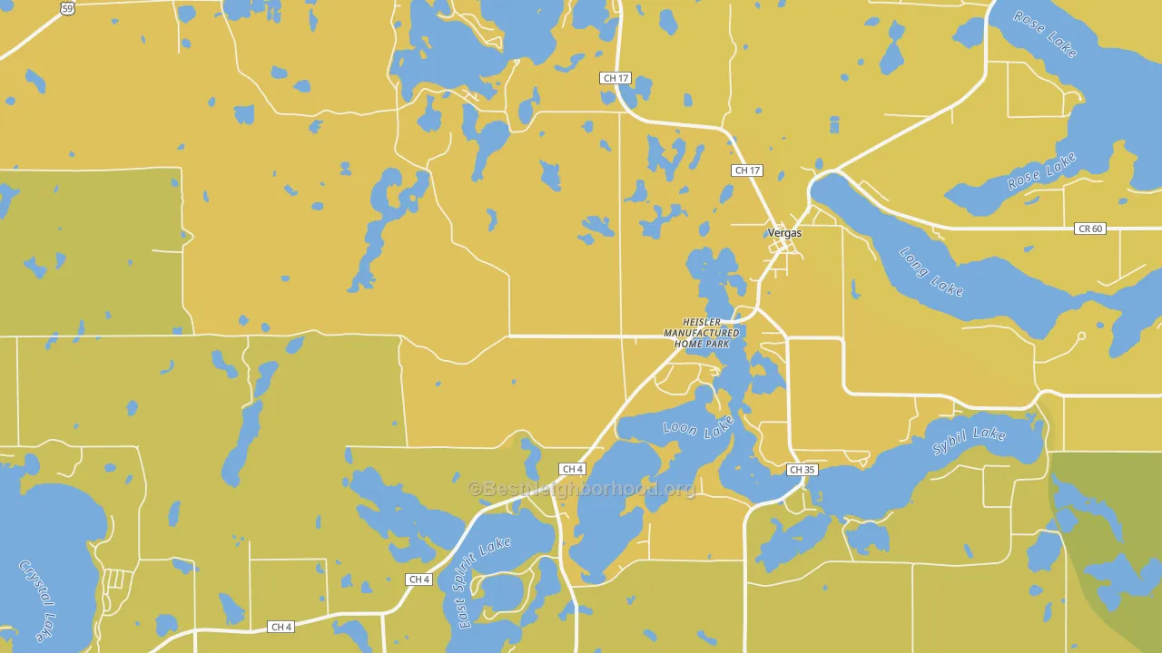 Map of the best neighborhoods in the 56587 area, with better matches in green and worse matches in red