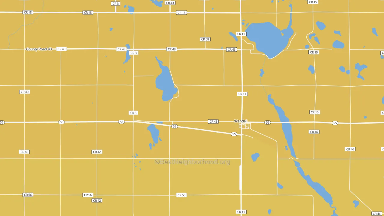 Map of the best neighborhoods in the 56590 area, with better matches in green and worse matches in red
