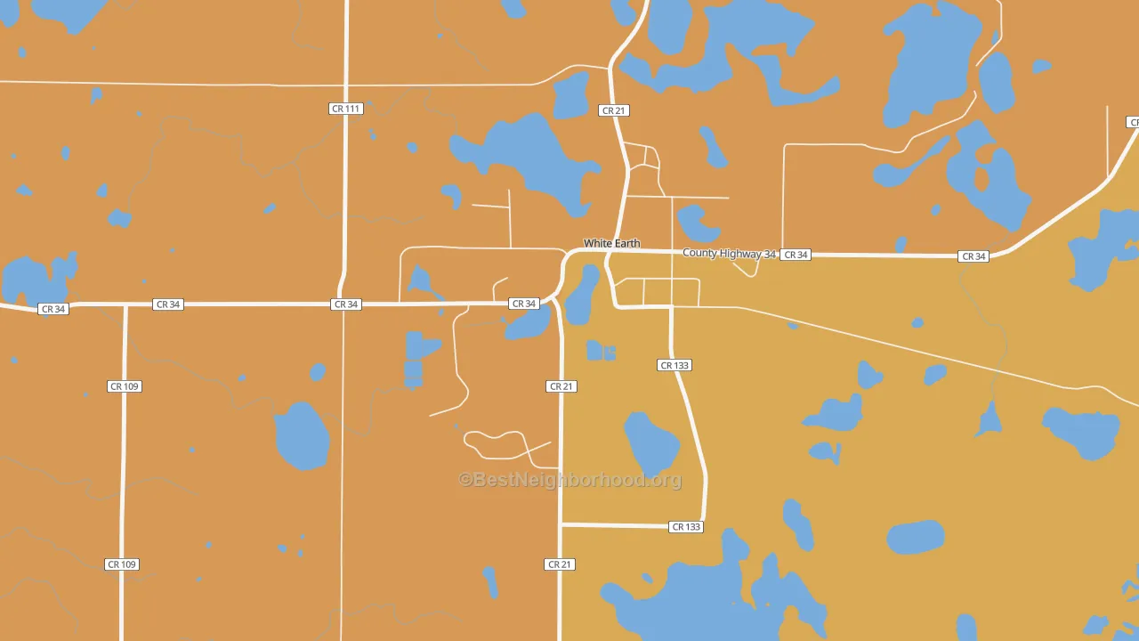 Map of the best neighborhoods in the 56591 area, with better matches in green and worse matches in red
