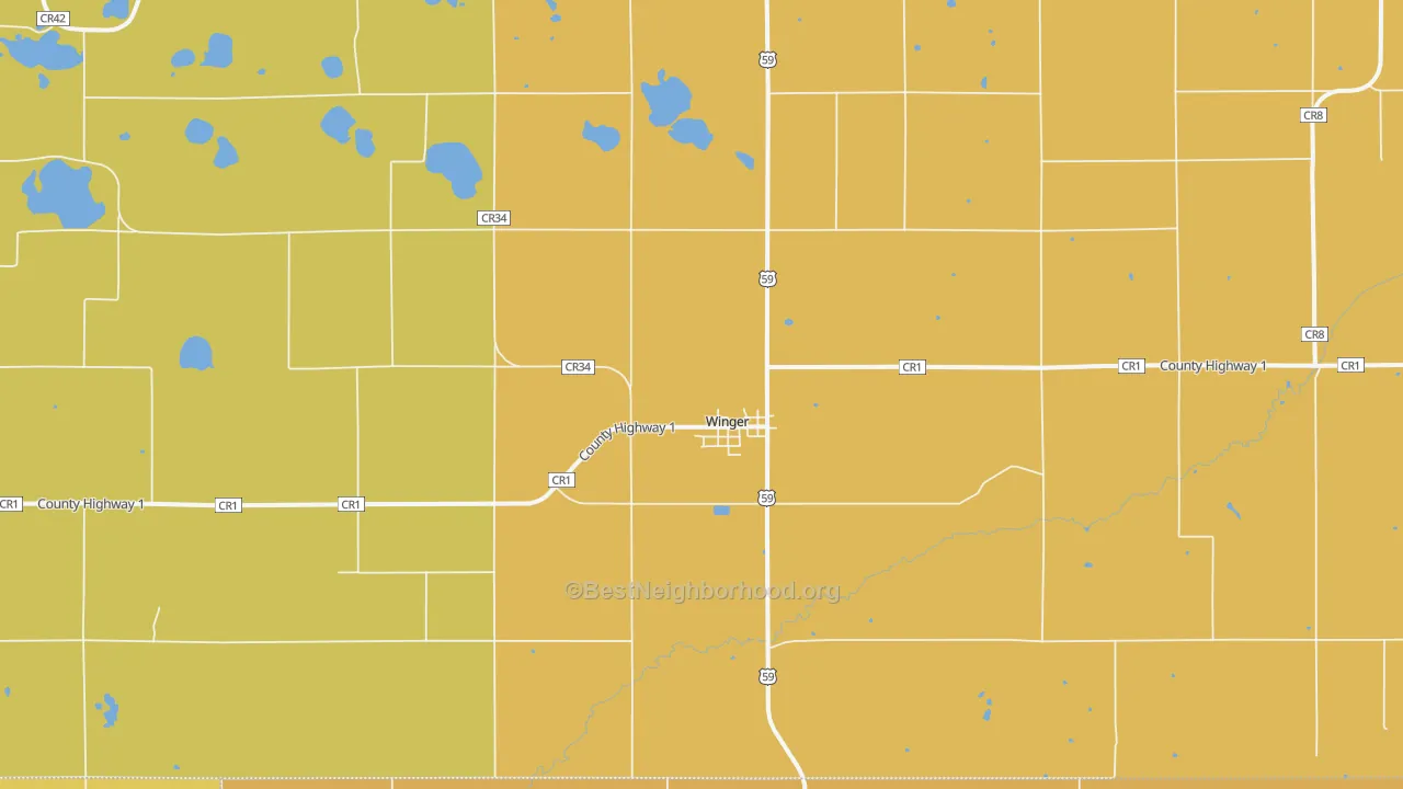 Map of the best neighborhoods in the 56592 area, with better matches in green and worse matches in red