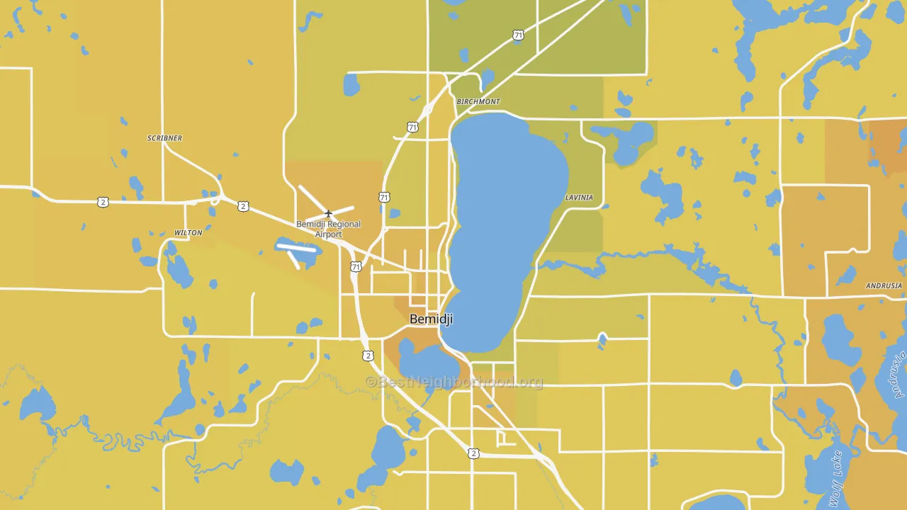 Map of the best neighborhoods in the 56601 area, with better matches in green and worse matches in red