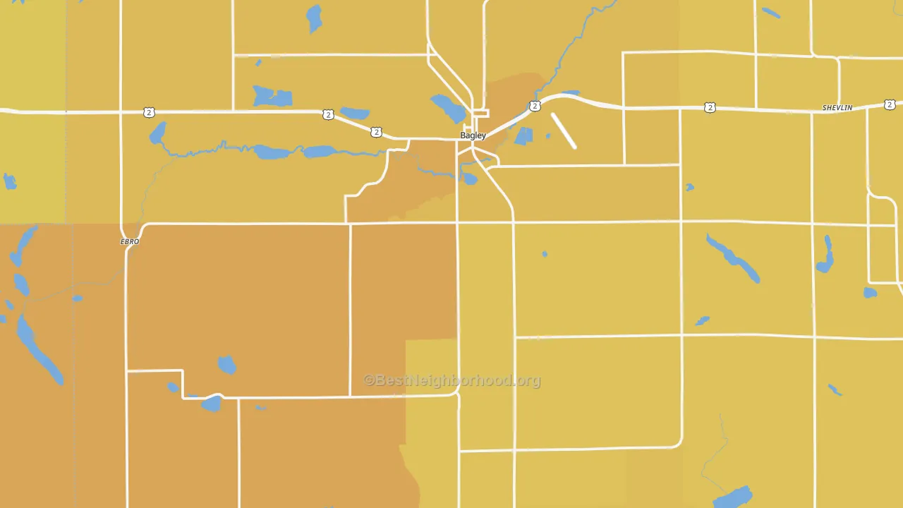 Map of the best neighborhoods in the 56621 area, with better matches in green and worse matches in red