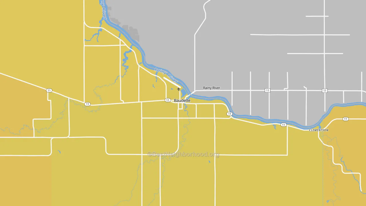 Map of the best neighborhoods in the 56623 area, with better matches in green and worse matches in red
