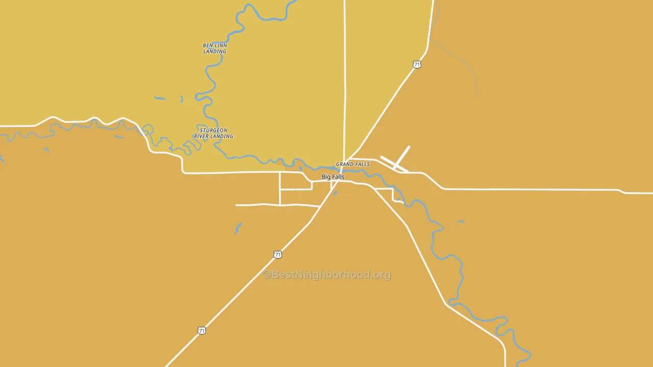 Map of the best neighborhoods in the 56627 area, with better matches in green and worse matches in red