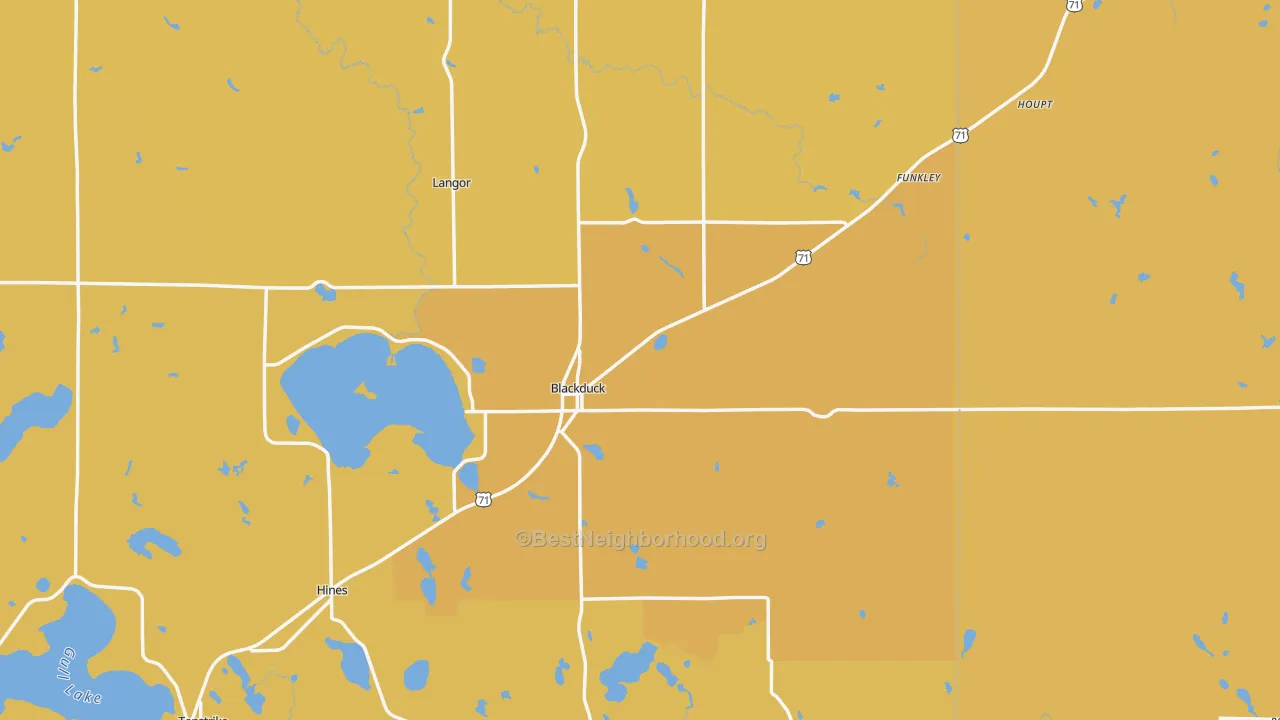 Map of the best neighborhoods in the 56630 area, with better matches in green and worse matches in red