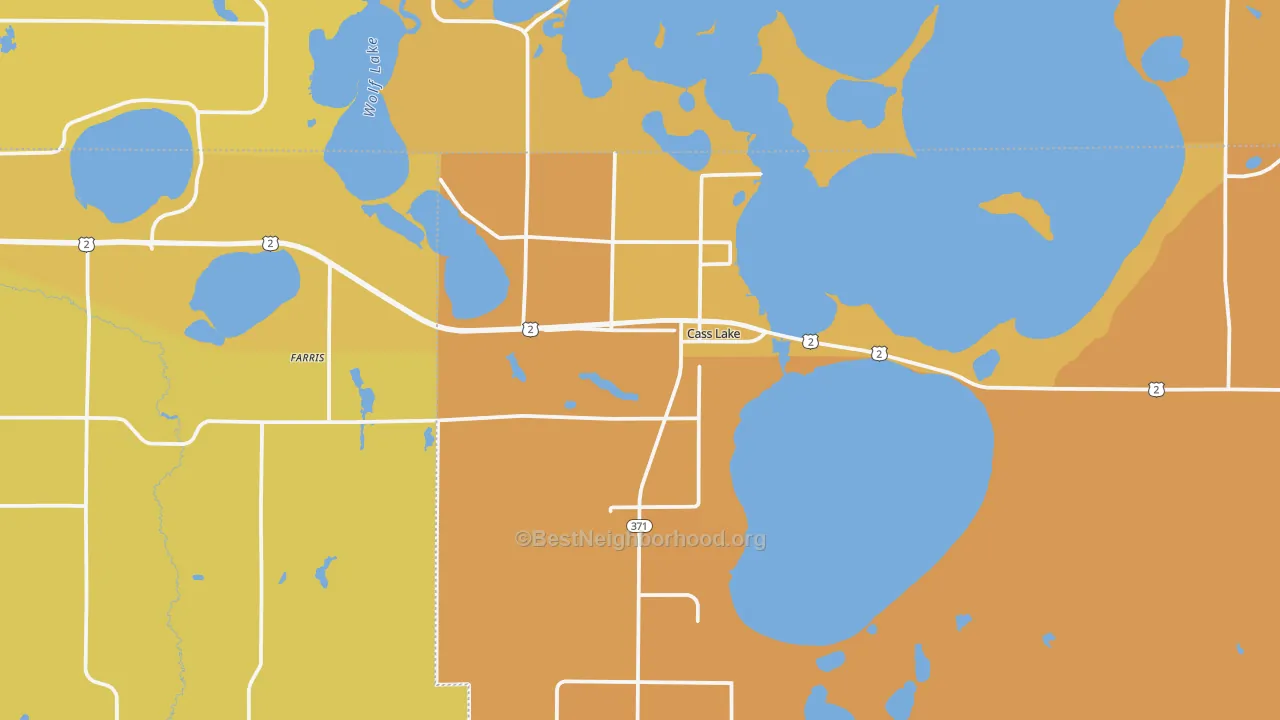 Map of the best neighborhoods in the 56633 area, with better matches in green and worse matches in red