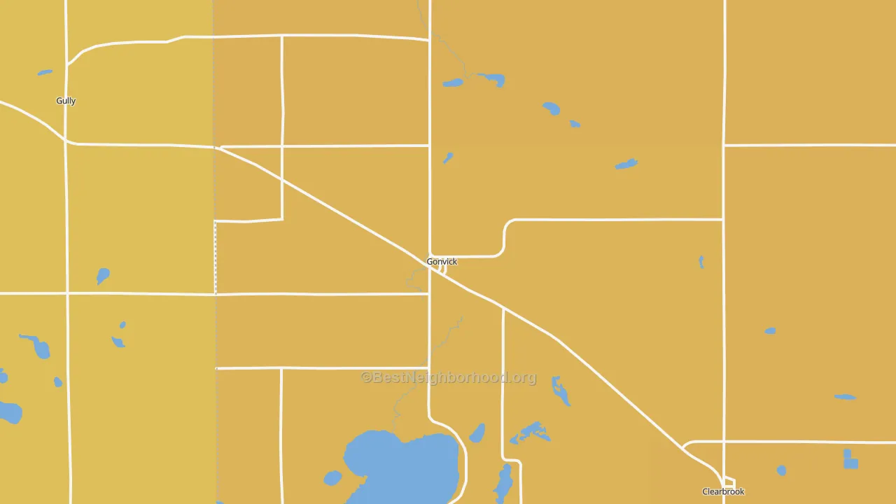 Map of the best neighborhoods in the 56644 area, with better matches in green and worse matches in red