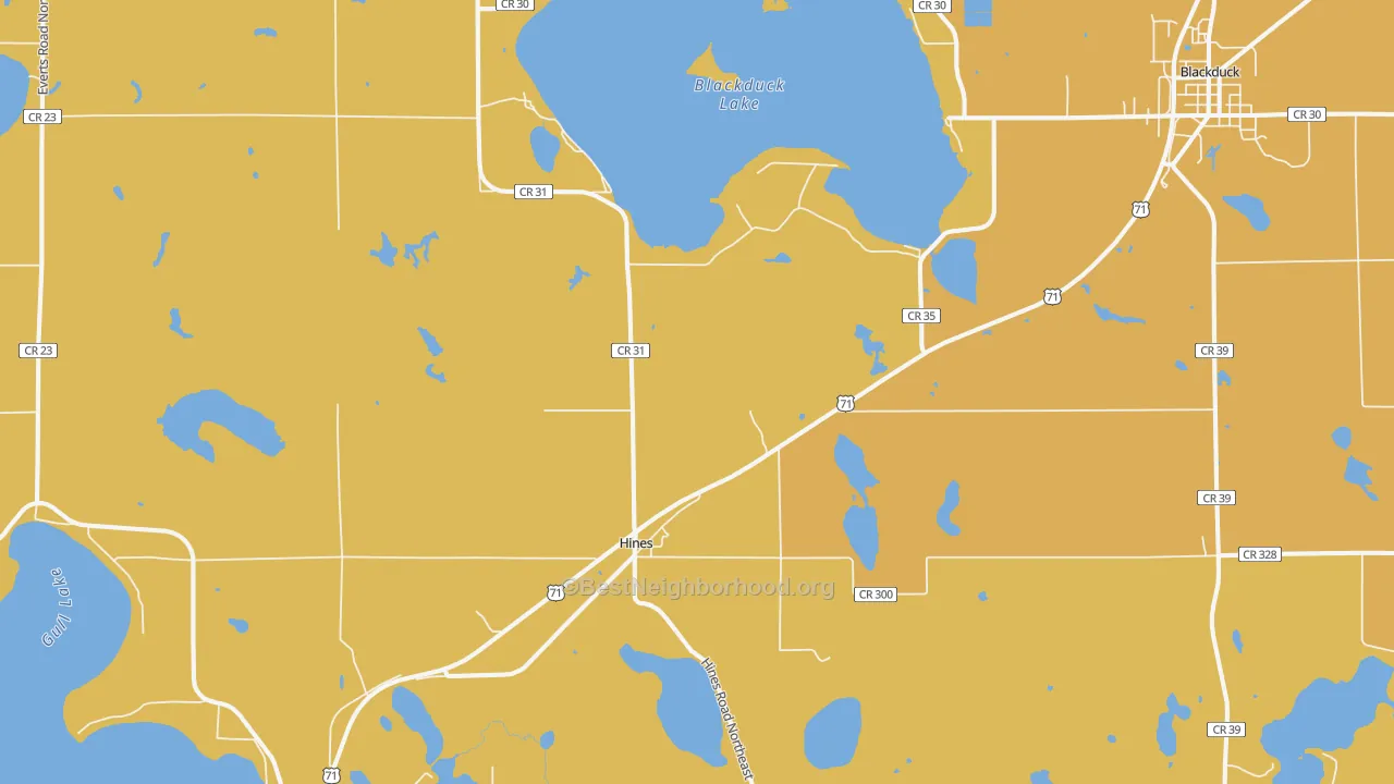 Map of the best neighborhoods in the 56647 area, with better matches in green and worse matches in red