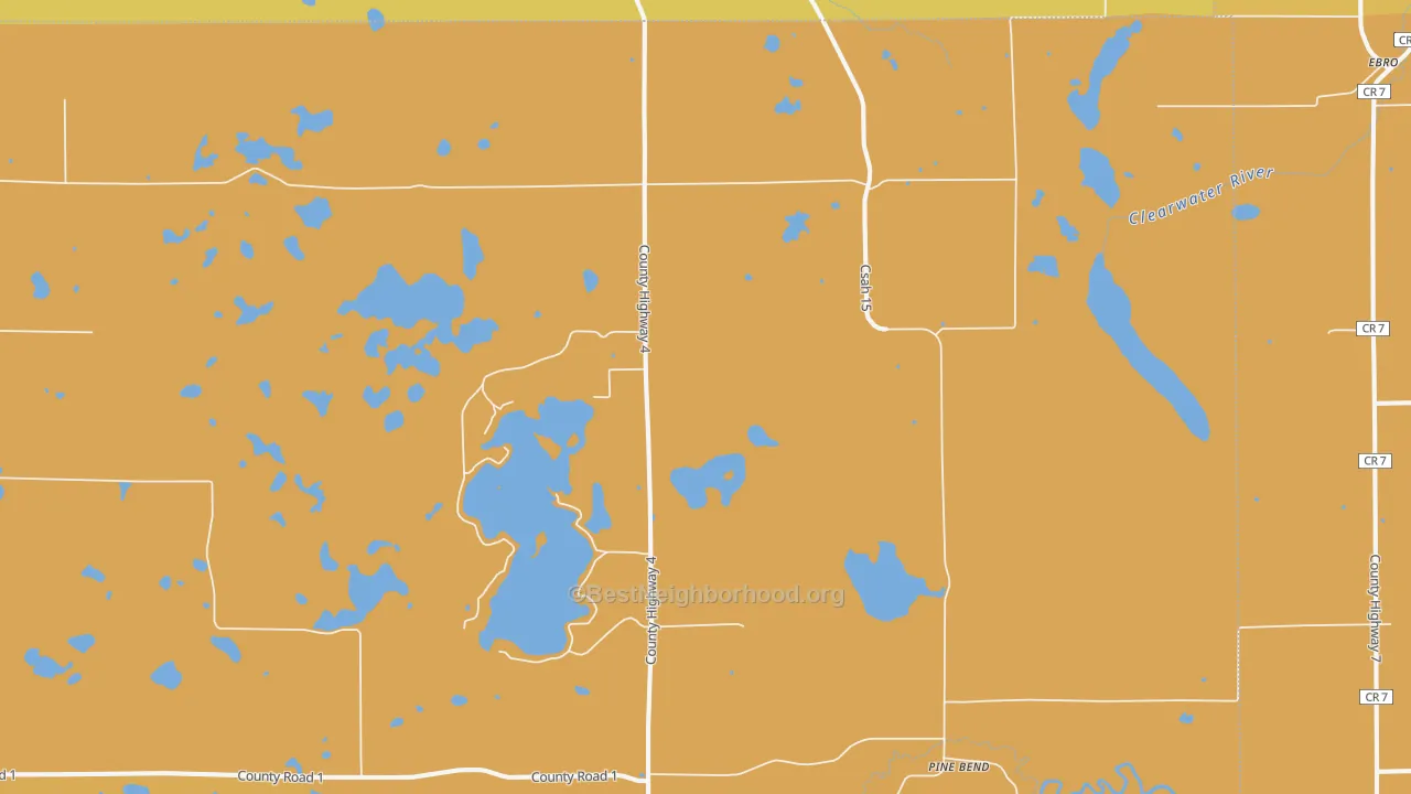 Map of the best neighborhoods in the 56651 area, with better matches in green and worse matches in red