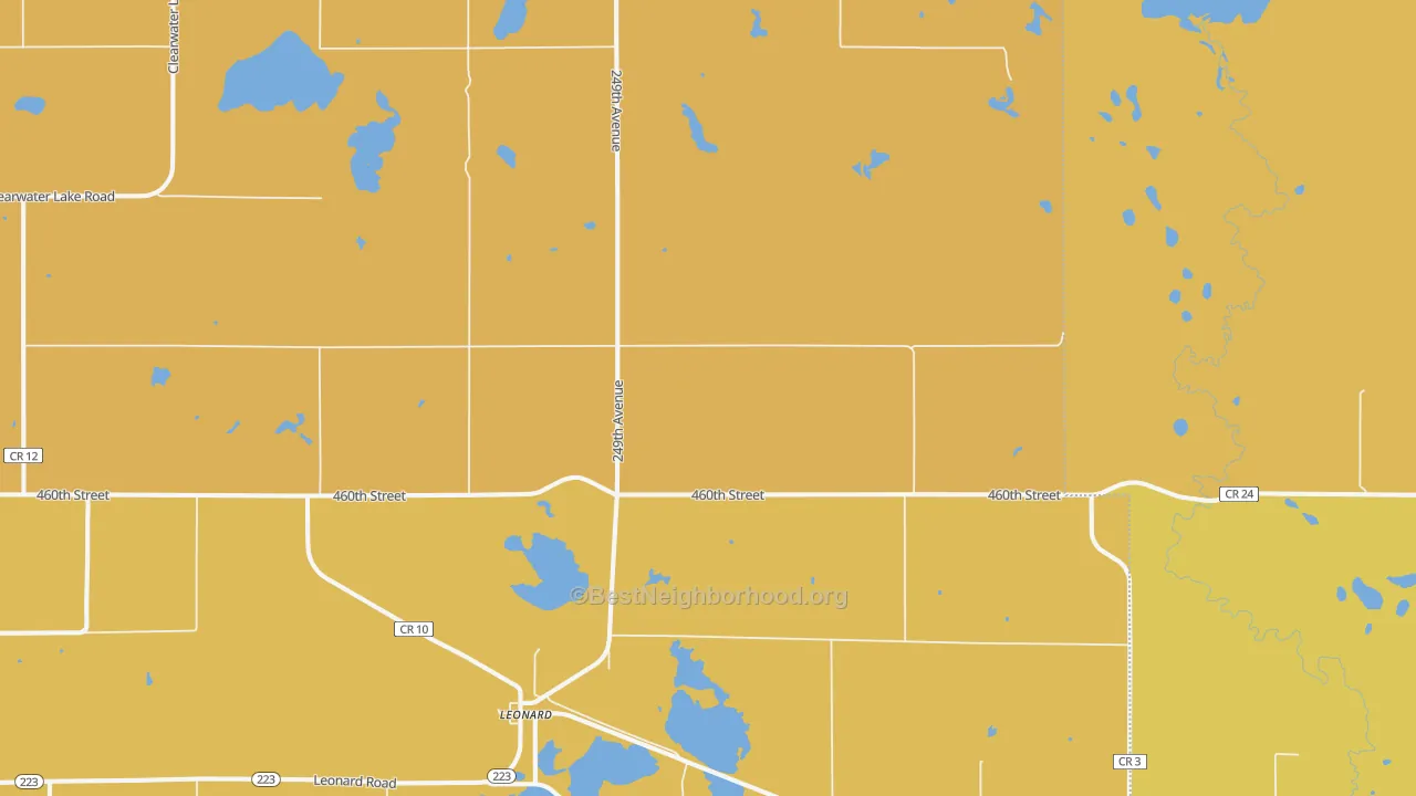 Map of the best neighborhoods in the 56652 area, with better matches in green and worse matches in red