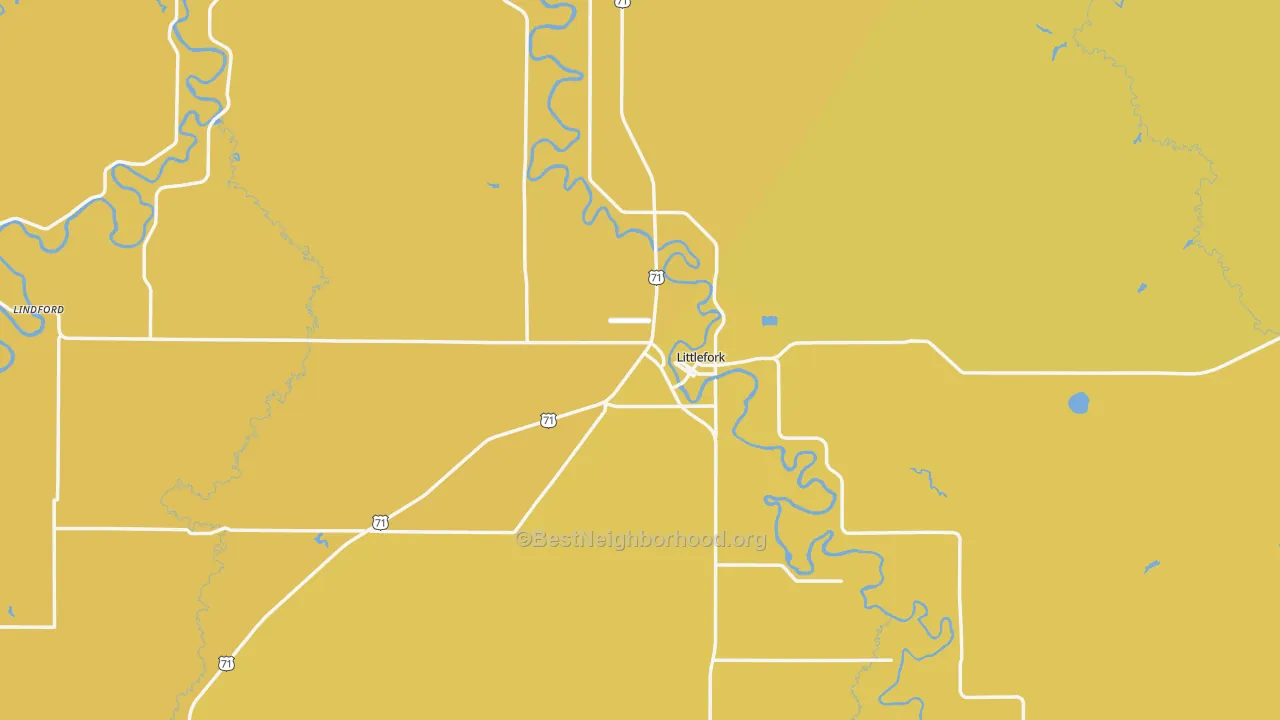 Map of the best neighborhoods in the 56653 area, with better matches in green and worse matches in red