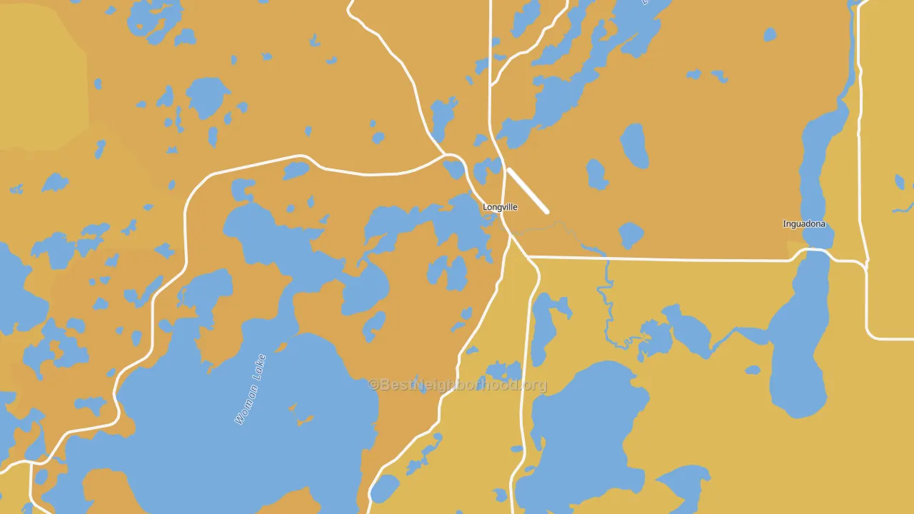 Map of the best neighborhoods in the 56655 area, with better matches in green and worse matches in red