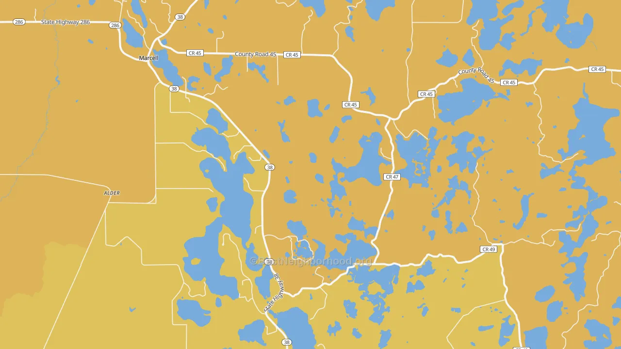 Map of the best neighborhoods in the 56657 area, with better matches in green and worse matches in red