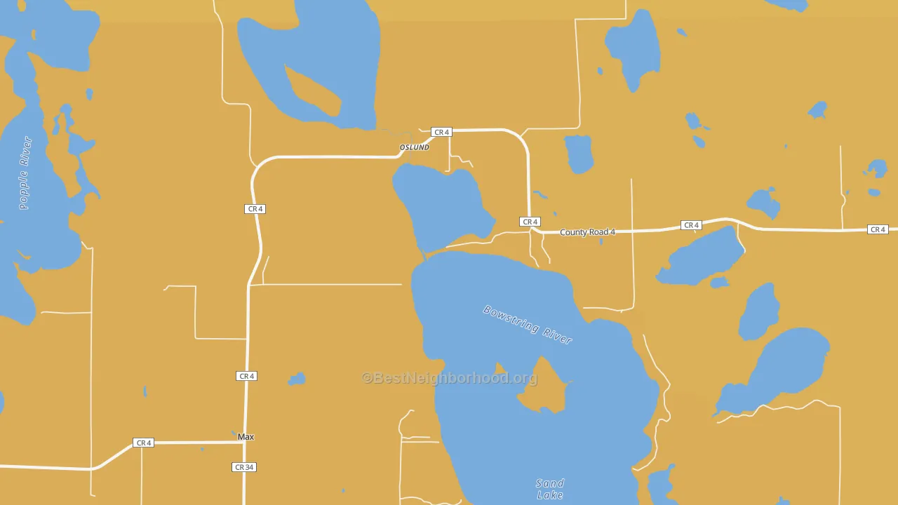 Map of the best neighborhoods in the 56659 area, with better matches in green and worse matches in red