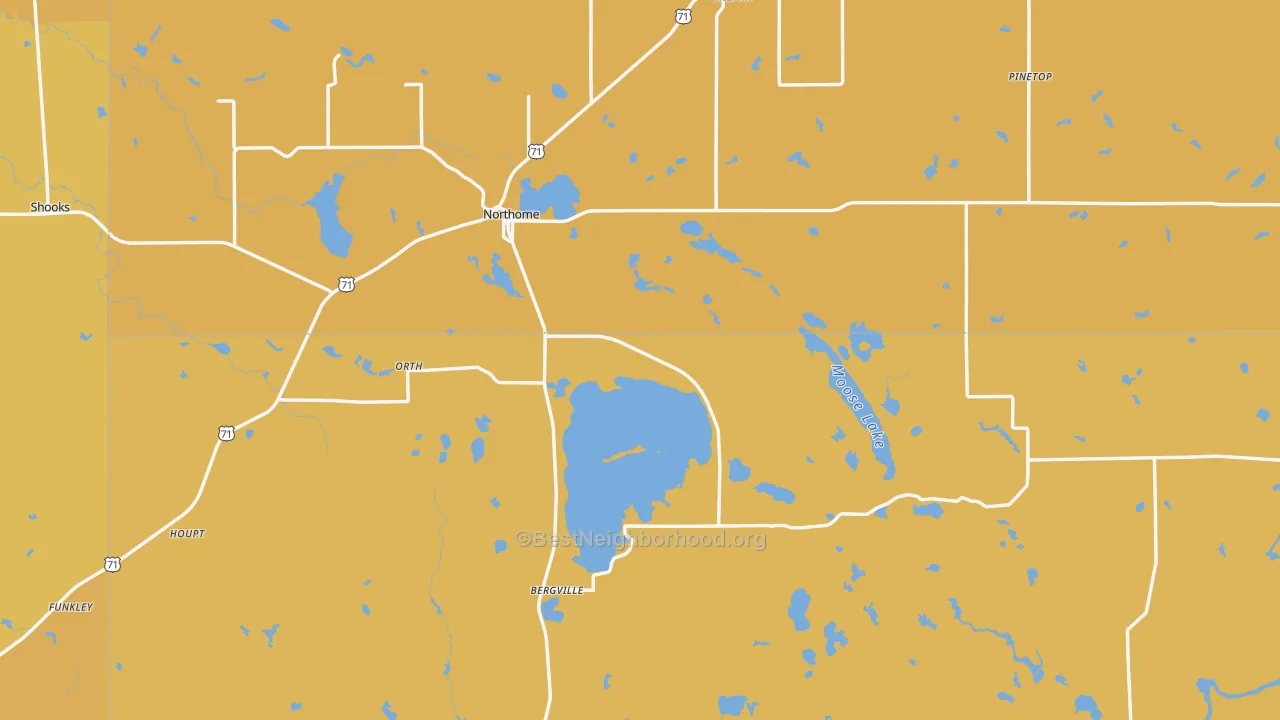 Map of the best neighborhoods in the 56661 area, with better matches in green and worse matches in red