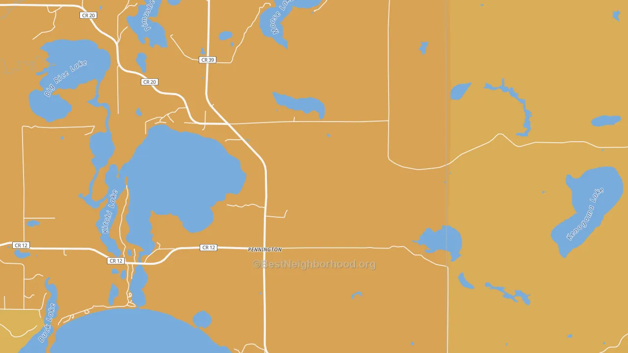 Map of the best neighborhoods in the 56663 area, with better matches in green and worse matches in red