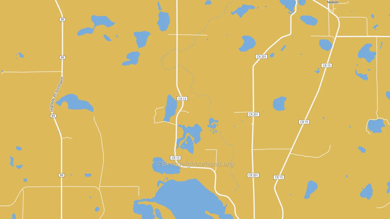 Map of the best neighborhoods in the 56667 area, with better matches in green and worse matches in red