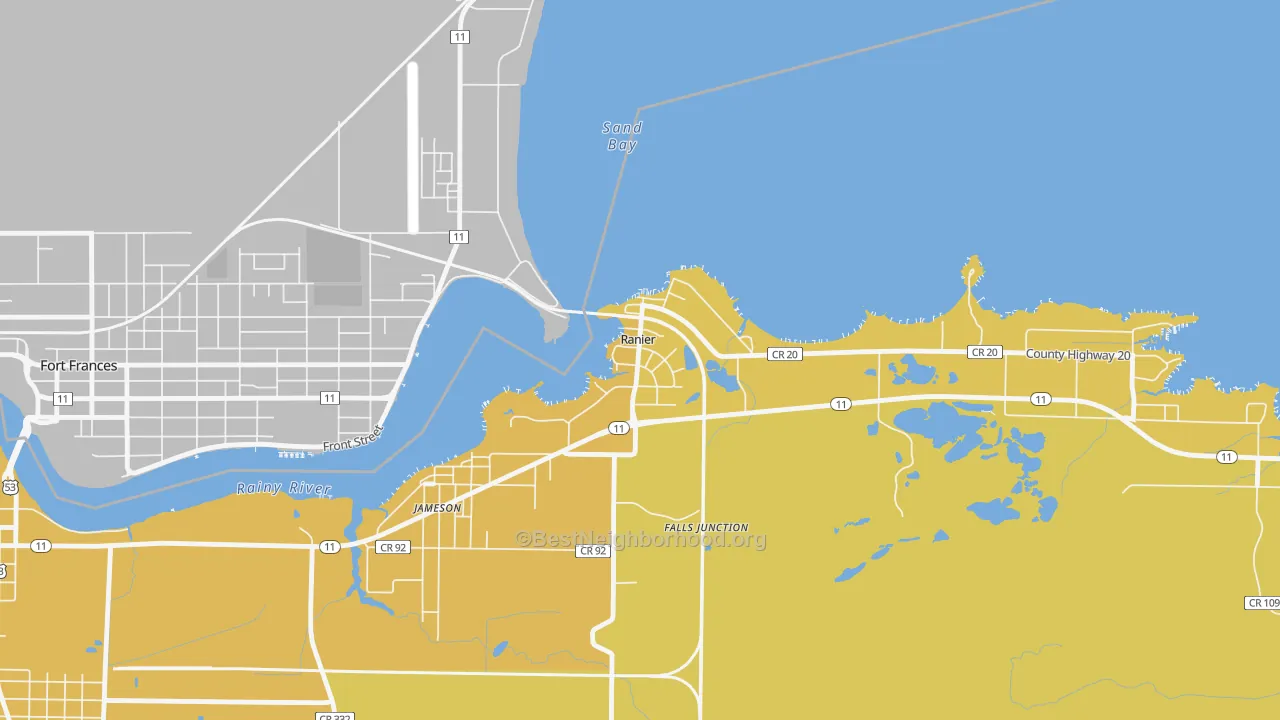 Map of the best neighborhoods in the 56668 area, with better matches in green and worse matches in red