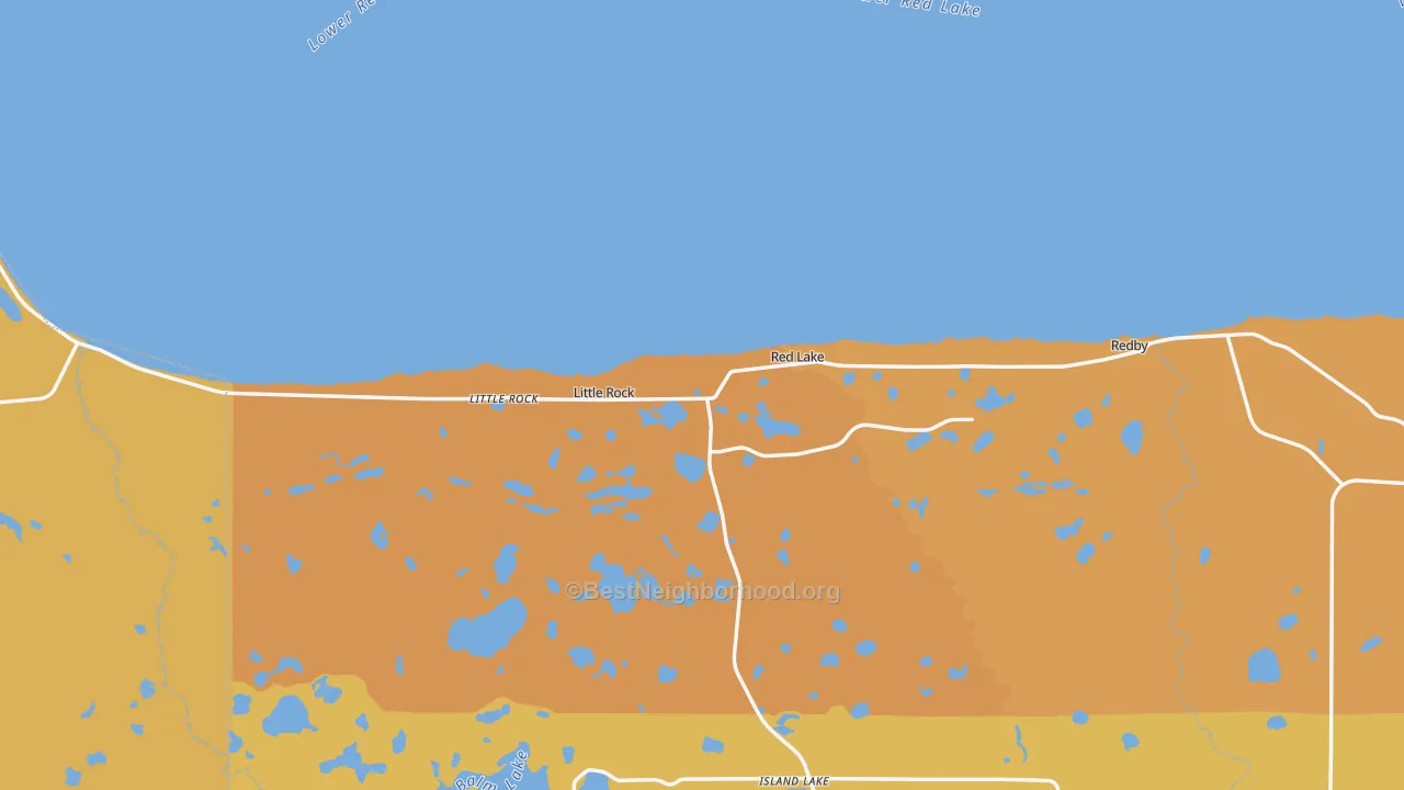 Map of the best neighborhoods in the 56671 area, with better matches in green and worse matches in red