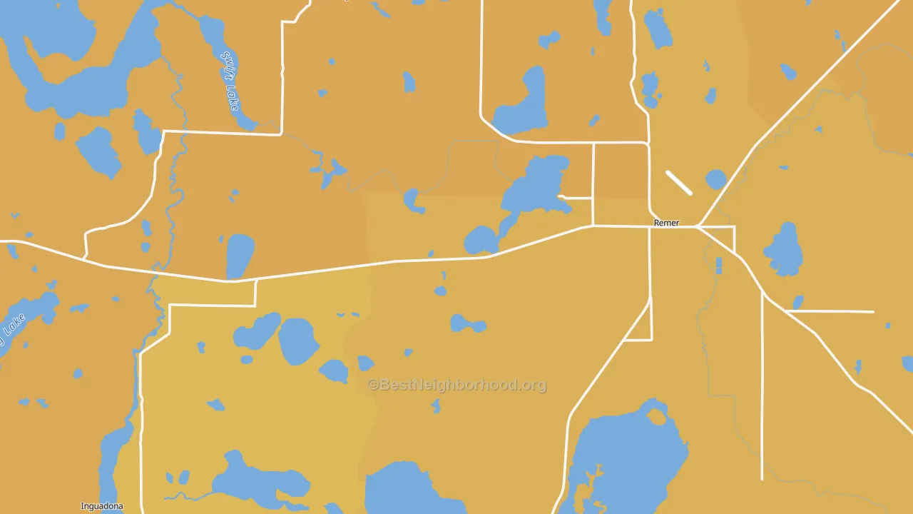 Map of the best neighborhoods in the 56672 area, with better matches in green and worse matches in red