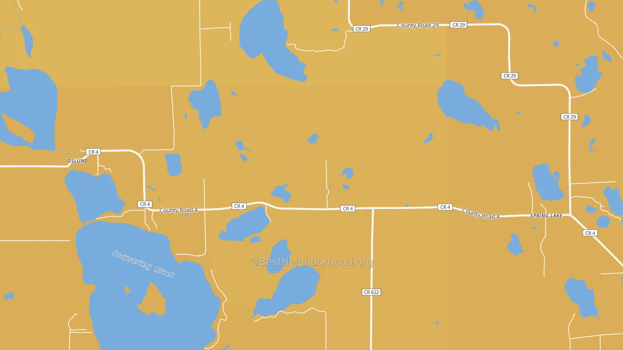 Map of the best neighborhoods in the 56680 area, with better matches in green and worse matches in red