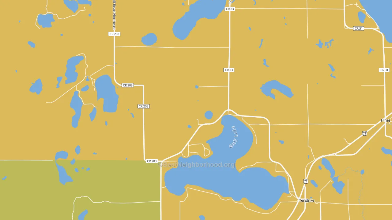 Map of the best neighborhoods in the 56683 area, with better matches in green and worse matches in red