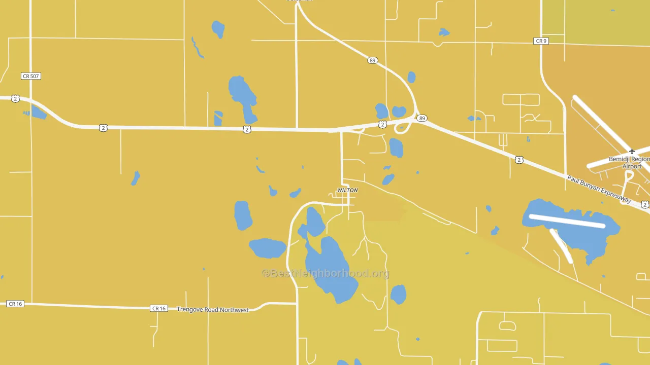 Map of the best neighborhoods in the 56687 area, with better matches in green and worse matches in red