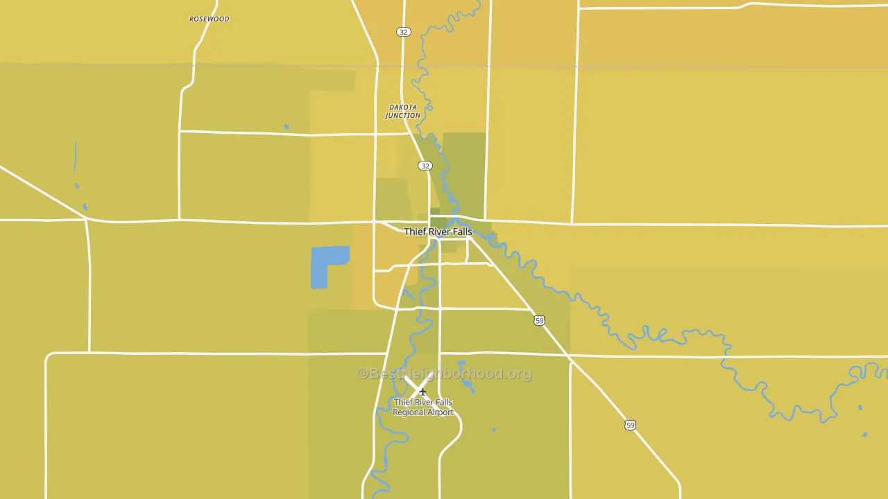 Map of the best neighborhoods in the 56701 area, with better matches in green and worse matches in red
