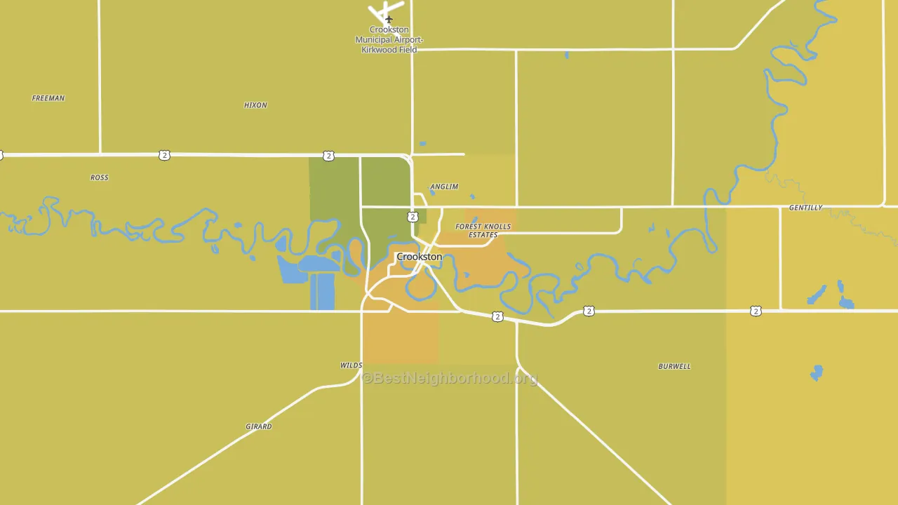 Map of the best neighborhoods in the 56716 area, with better matches in green and worse matches in red