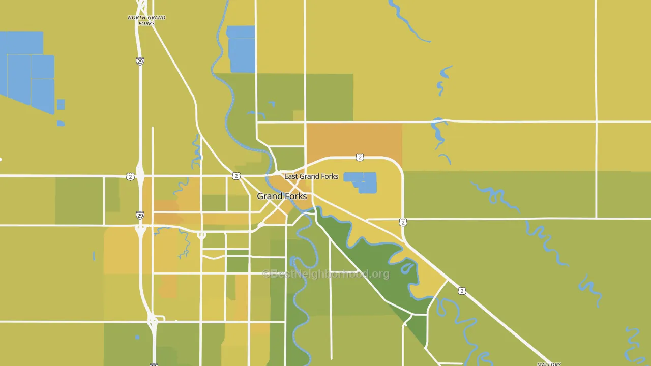 Map of the best neighborhoods in the 56721 area, with better matches in green and worse matches in red