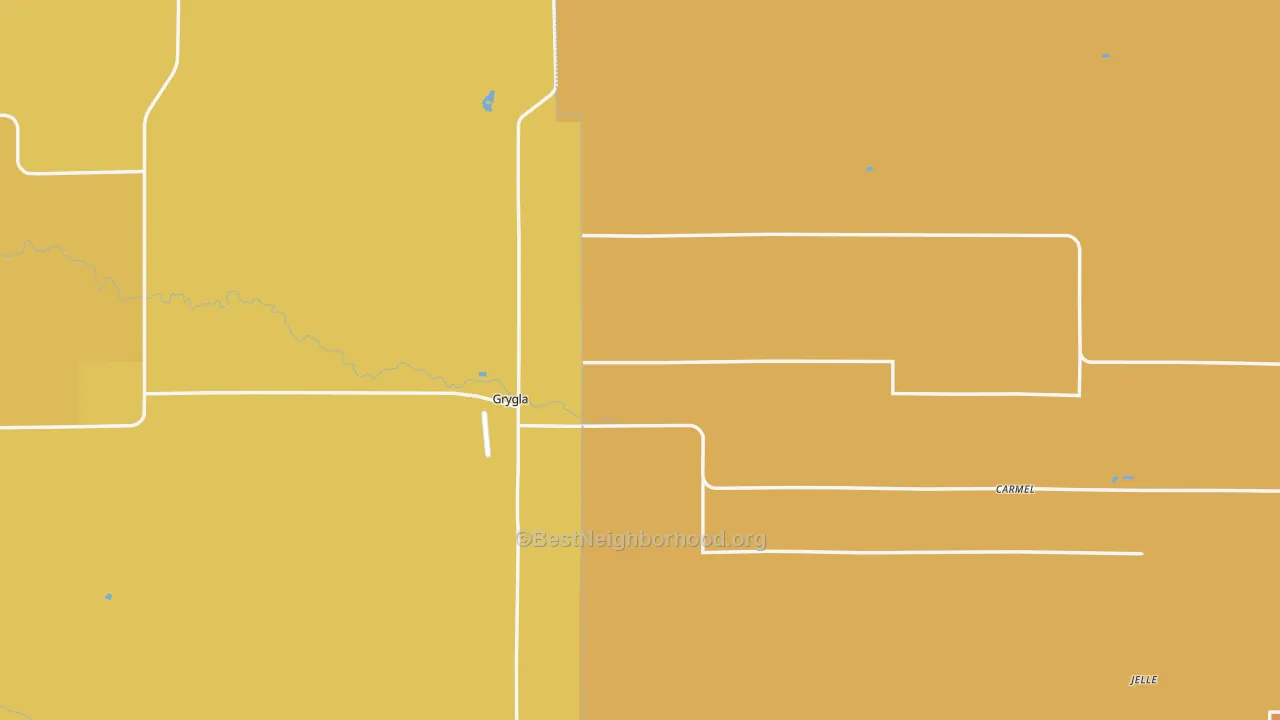 Map of the best neighborhoods in the 56727 area, with better matches in green and worse matches in red