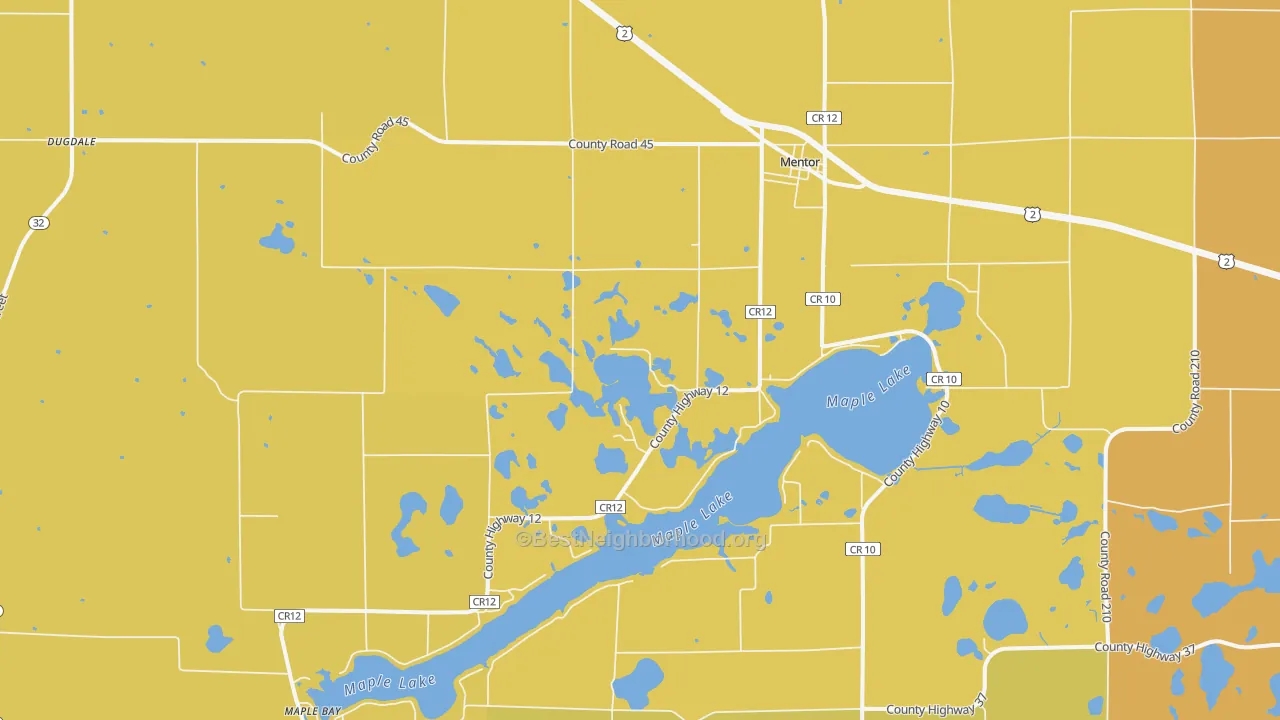 Map of the best neighborhoods in the 56736 area, with better matches in green and worse matches in red