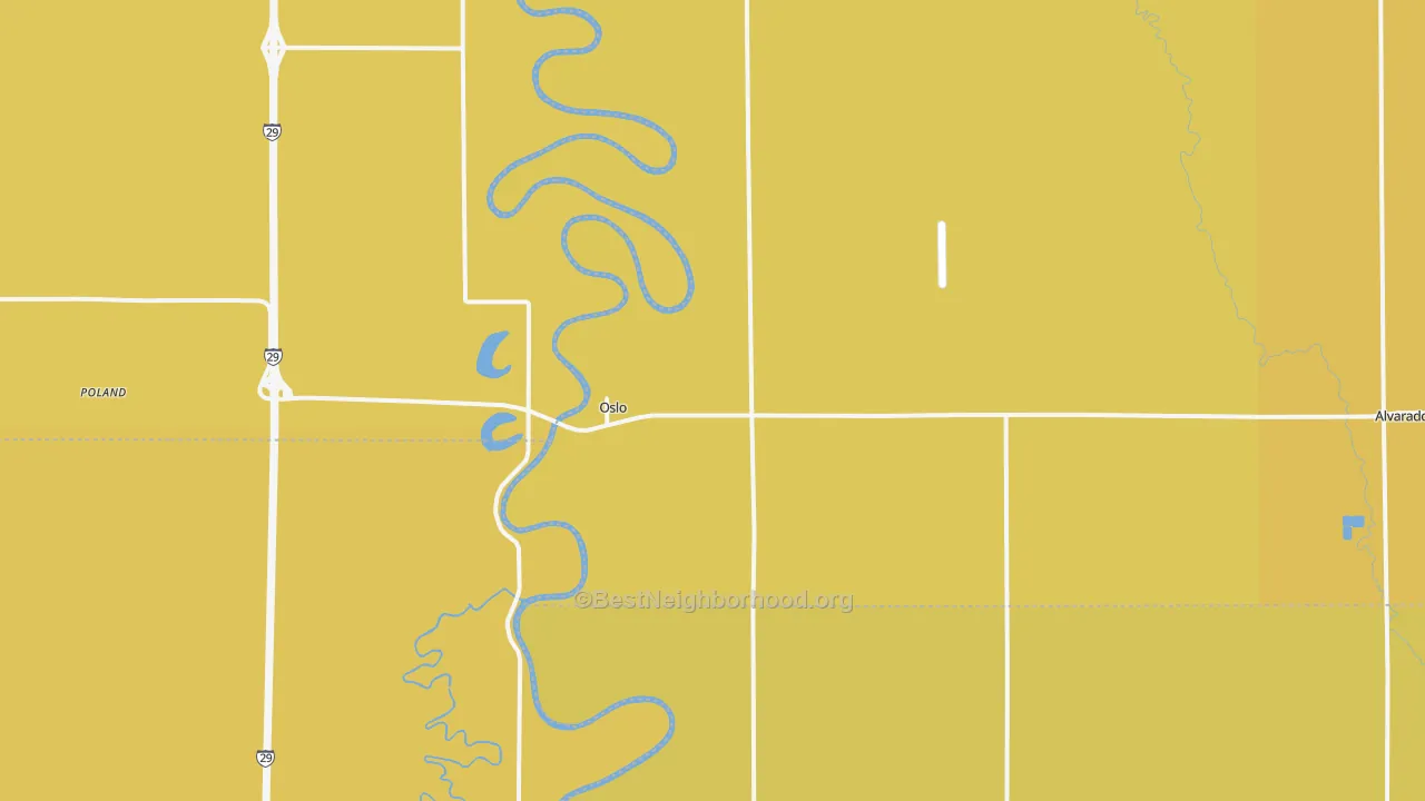 Map of the best neighborhoods in the 56744 area, with better matches in green and worse matches in red