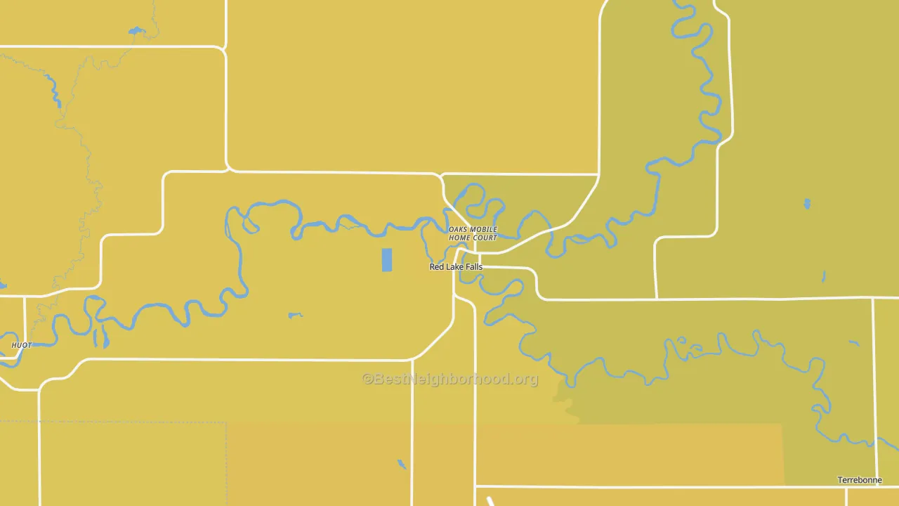 Map of the best neighborhoods in the 56750 area, with better matches in green and worse matches in red