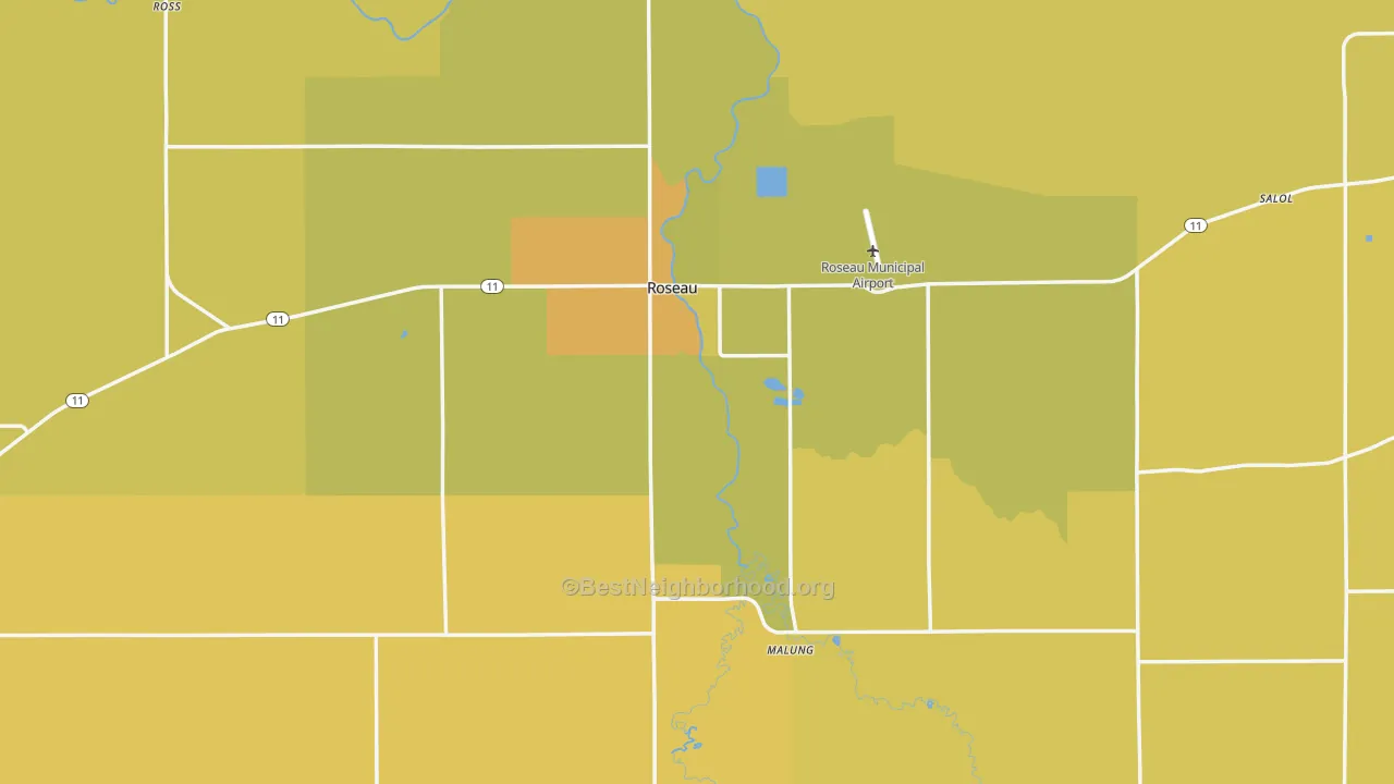 Map of the best neighborhoods in the 56751 area, with better matches in green and worse matches in red