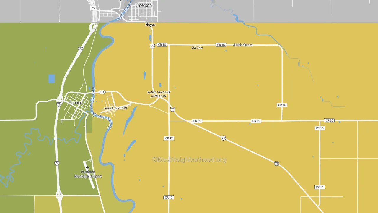 Map of the best neighborhoods in the 56755 area, with better matches in green and worse matches in red