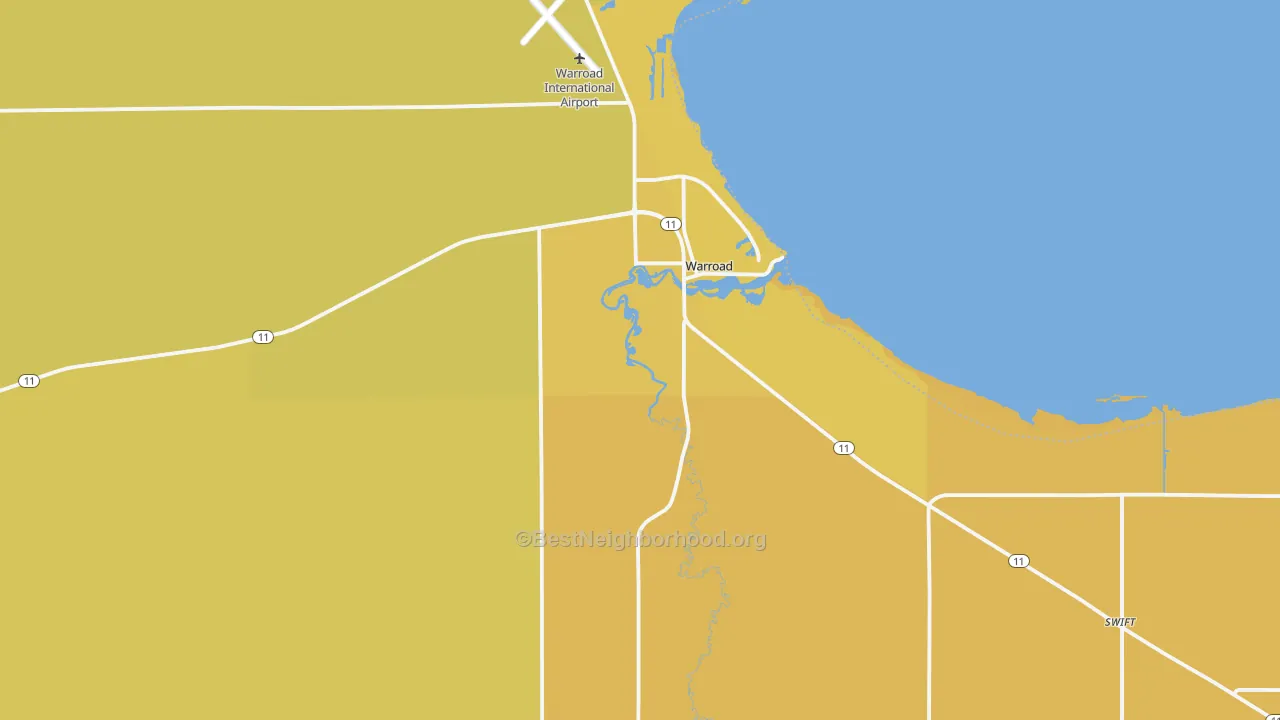 Map of the best neighborhoods in the 56763 area, with better matches in green and worse matches in red