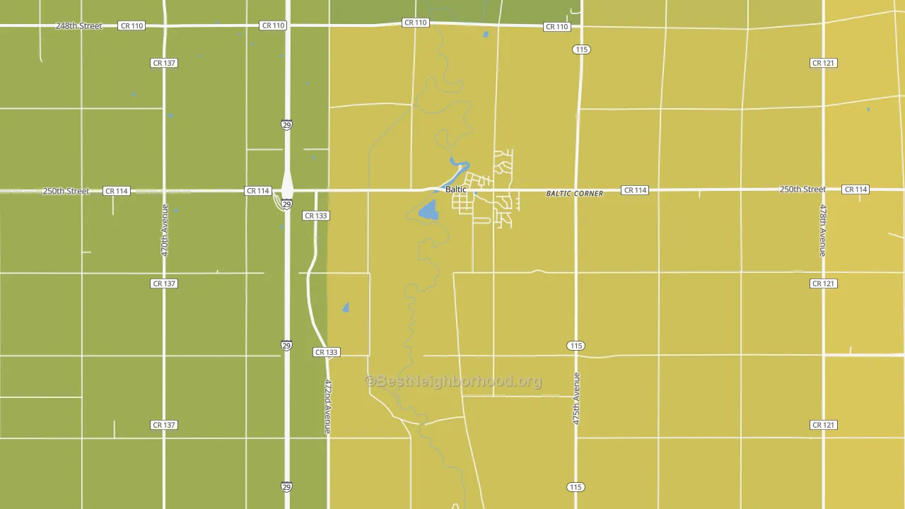 Map of the best neighborhoods in the 57003 area, with better matches in green and worse matches in red