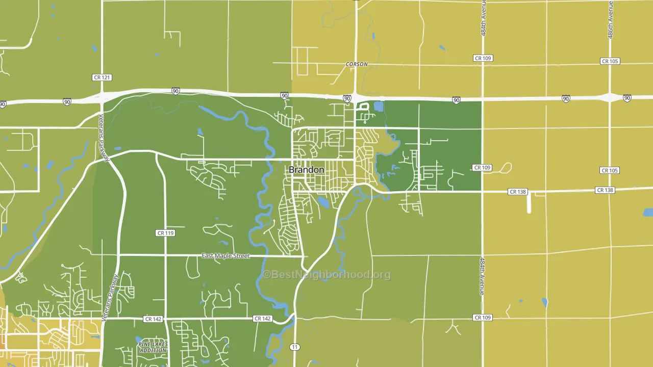 Map of the best neighborhoods in the 57005 area, with better matches in green and worse matches in red