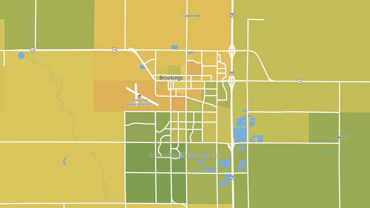 Map of the best neighborhoods in the 57006 area, with better matches in green and worse matches in red