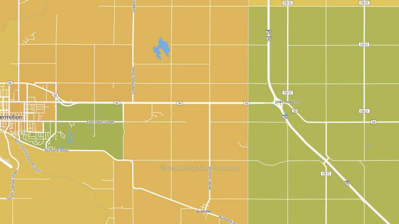 Map of the best neighborhoods in the 57010 area, with better matches in green and worse matches in red