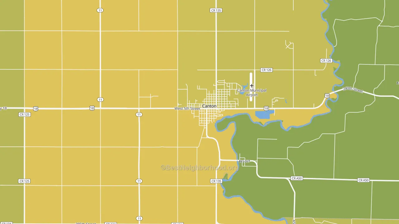 Map of the best neighborhoods in the 57013 area, with better matches in green and worse matches in red