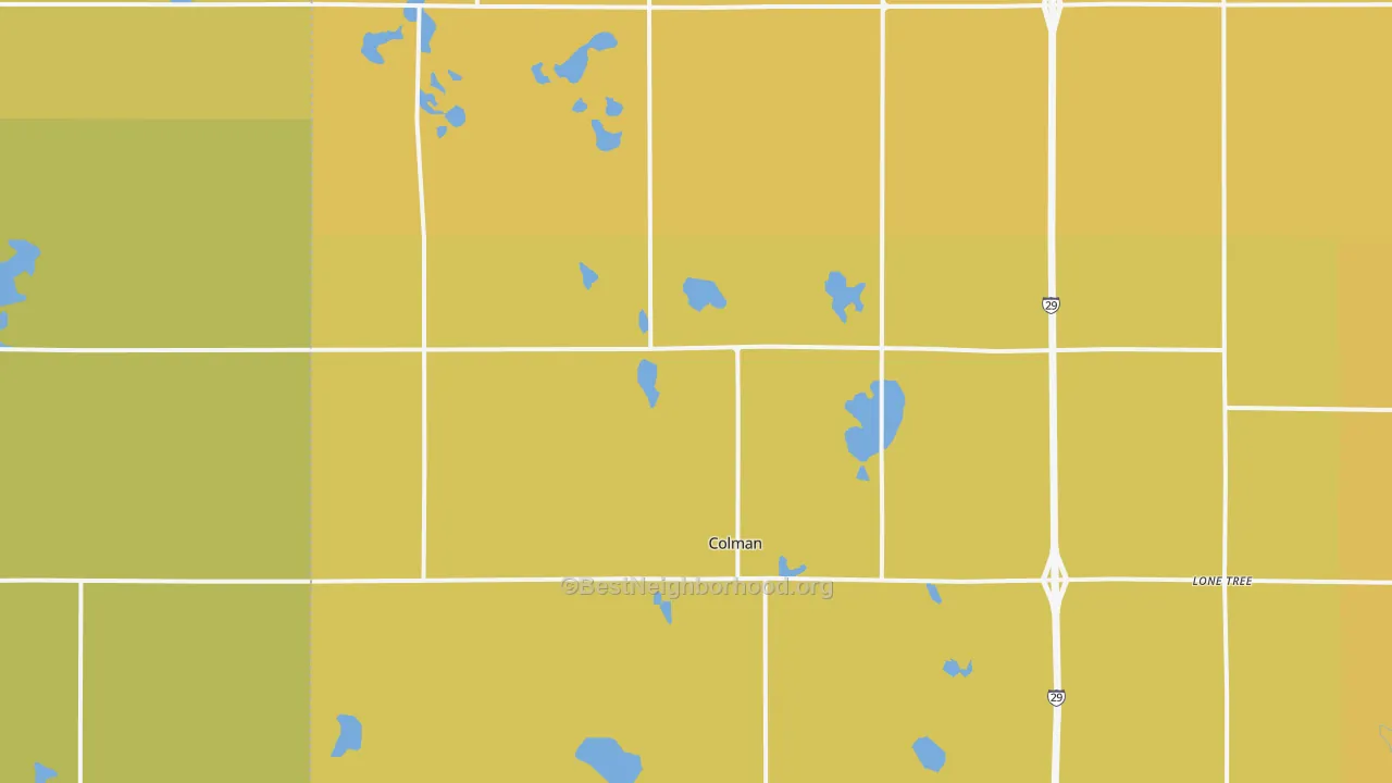 Map of the best neighborhoods in the 57017 area, with better matches in green and worse matches in red