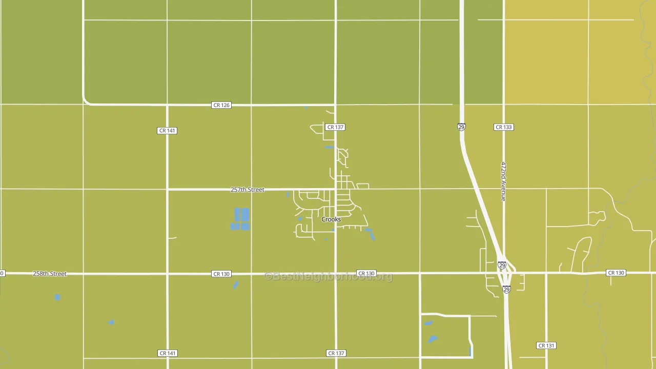 Map of the best neighborhoods in the 57020 area, with better matches in green and worse matches in red