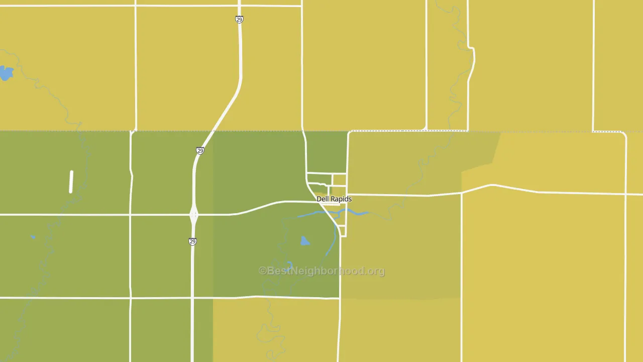 Map of the best neighborhoods in the 57022 area, with better matches in green and worse matches in red