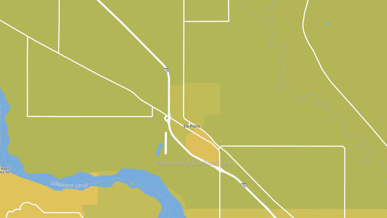 Map of the best neighborhoods in the 57025 area, with better matches in green and worse matches in red